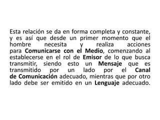 Esta relación se da en forma completa y constante, 
y es así que desde un primer momento que el 
hombre necesita y realiza acciones 
para Comunicarse con el Medio, comenzando al 
establecerse en el rol de Emisor de lo que busca 
transmitir, siendo esto un Mensaje que es 
transmitido por un lado por el Canal 
de Comunicación adecuado, mientras que por otro 
lado debe ser emitido en un Lenguaje adecuado. 
 