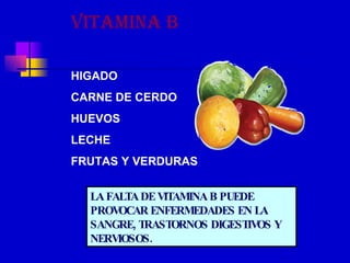 VITAMINA B HIGADO CARNE DE CERDO HUEVOS LECHE FRUTAS Y VERDURAS LA FALTA DE VITAMINA B PUEDE PROVOCAR ENFERMEDADES EN LA SANGRE, TRASTORNOS DIGESTIVOS Y NERVIOSOS. 