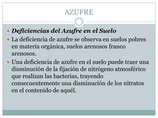 AZUFREDeficiencias del Azufre en el SueloLa deficiencia de azufre se observa en suelos pobres en materia orgánica, suelos arenosos franco arenosos.Una deficiencia de azufre en el suelo puede traer una disminución de la fijación de nitrógeno atmosférico que realizan las bacterias, trayendo consecuentemente una disminución de los nitratos en el contenido de aquél.