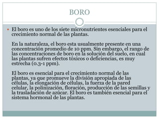 BOROEl boro es uno de los siete micronutrientes esenciales para el crecimiento normal de las plantas.En la naturaleza, el boro esta usualmente presente en una concentración promedio de 10 ppm. Sin embargo, el rango de las concentraciones de boro en la solución del suelo, en cual las plantas sufren efectos tóxicos o deficiencias, es muy estrecha (0.3-1 ppm).El boro es esencial para el crecimiento normal de las plantas, ya que promueve la división apropiada de las células, la elongación de células, la fuerza de la pared celular, la polinización, floración, producción de las semillas y la trasladación de azúcar. El boro es también esencial para el sistema hormonal de las plantas.