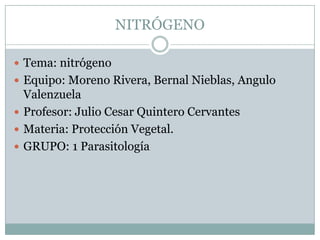 NITRÓGENO Tema: nitrógeno Equipo: Moreno Rivera, Bernal Nieblas, Angulo Valenzuela Profesor: Julio Cesar Quintero Cervantes Materia: Protección Vegetal. GRUPO: 1 Parasitología 