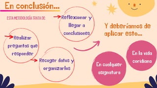Esta metodología trata de:
En conclusión...
Realizar
preguntas que
responder
Reflexionar y
llegar a
conclusiones
Y deberíamos de
aplicar esto...
Recoger datos y
organizarlos
En cualquier
asignatura
En la vida
coridiana
 