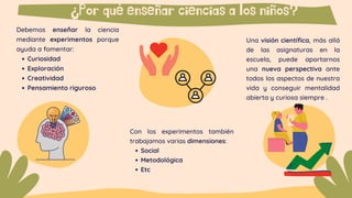 Curiosidad
Exploración
Creatividad
Pensamiento riguroso
Debemos enseñar la ciencia
mediante experimentos porque
ayuda a fomentar:
¿Por qué enseñar ciencias a los niños?
Una visión científica, más allá
de las asignaturas en la
escuela, puede aportarnos
una nueva perspectiva ante
todos los aspectos de nuestra
vida y conseguir mentalidad
abierta y curiosa siempre .
Social
Metodológica
Etc
Con los experimentos también
trabajamos varias dimensiones:
 