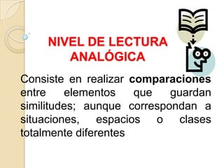 NIVEL DE LECTURA
ANALÓGICA
Consiste en realizar comparaciones
entre elementos que guardan
similitudes; aunque correspondan a
situaciones, espacios o clases
totalmente diferentes
 