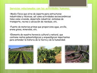 Servicios relacionados con las actividades humanas.
•Medio físico que sirve de soporte para estructuras
industriales y técnicas, así como actividades socioeconómicas
tales como vivienda, desarrollo industrial, sistemas de
transporte, recreo o ubicación de residuos, etc.
•Fuente de materias primas que proporciona agua, arcilla,
arena grava, minerales, etc.
•Elemento de nuestra herencia cultural y natural, que
contiene restos paleontológicos y arqueológicos importantes
para entender la historia de la tierra y de la humanidad.
 
