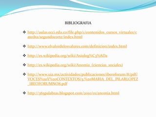 BIBLIOGRAFIA

 http://aulas.ecci.edu.co/file.php/1/contenidos_cursos_virtuales/c
  atedra/segundocorte/index.html

 http://www.elvalordelosvalores.com/definicion/index.html

 http://es.wikipedia.org/wiki/Axiolog%C3%ADa

 http://es.wikipedia.org/wiki/Anomia_(ciencias_sociales)

 http://www.uia.mx/actividades/publicaciones/iberoforum/8/pdf/
  VOCES%20Y%20CONTEXTOS/5.%20MARIA_DEL_PILARLOPEZ
  _IBEOFORUMNO8.pdf

 http://365palabras.blogspot.com/2010/01/anomia.html
 