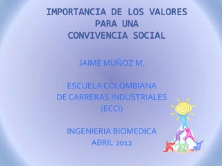 JAIME MUÑOZ M.

  ESCUELA COLOMBIANA
DE CARRERAS INDUSTRIALES
         (ECCI)

  INGENIERIA BIOMEDICA
       ABRIL 2012
 