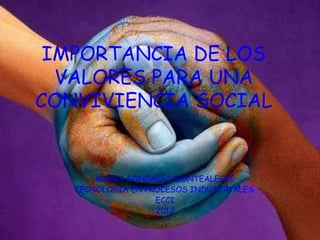 IMPORTANCIA DE LOS
  VALORES PARA UNA
CONVIVIENCIA SOCIAL


       MAYRA GONZALEZ MONTEALEGRE
   TECNOLOGIA EN PROCESOS INDUSTRIALES
                   ECCI
                   2012
 