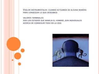 VVALOR INSTRUMENTALES :CUANDO ACTUAMOS DE ALGUNA MANERA
PARA CONSEGUIR LO QUE DESEAMOS

VALORES TERMINALES
SON LOS ESTADOS QUE MANEJA EL HOMBRE ,SON INDIVIDUALES
ACERCA DE CONSEGUIR TODO EN LA VIDA
 
