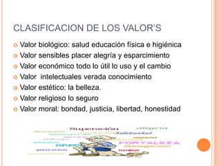 CLASIFICACION DE LOS VALOR’S
 Valor biológico: salud educación física e higiénica
 Valor sensibles placer alegría y esparcimiento

 Valor económico todo lo útil lo uso y el cambio

 Valor intelectuales verada conocimiento

 Valor estético: la belleza.

 Valor religioso lo seguro

 Valor moral: bondad, justicia, libertad, honestidad
 