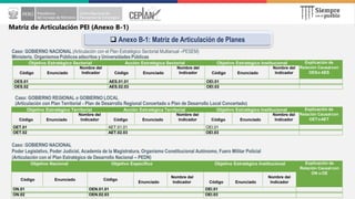 Matriz de Articulación PEI (Anexo B-1)
❑ Anexo B-1: Matriz de Articulación de Planes
Objetivo Estratégico Sectorial Acción Estratégica Sectorial Objetivo Estratégico Institucional Explicación de
Relación Causalcon
OESo AES
Código Enunciado
Nombre del
Indicador Código Enunciado
Nombre del
Indicador Código Enunciado
Nombre del
Indicador
OES.01 AES.01.01 OEI.01
OES.02 AES.02.03 OEI.03
Objetivo Estratégico Territorial Acción Estratégica Territorial Objetivo Estratégico Institucional Explicación de
Relación Causalcon
OEToAET
Código Enunciado
Nombre del
Indicador Código Enunciado
Nombre del
Indicador Código Enunciado
Nombre del
Indicador
OET.01 AET.01.01 OEI.01
OET.02 AET.02.03 OEI.03
Objetivo Nacional Objetivo Específico Objetivo Estratégico Institucional Explicación de
Relación Causal con
ON u OE
Código Enunciado Código
Enunciado
Nombre del
Indicador Código Enunciado
Nombre del
Indicador
ON.01 OEN.01.01 OEI.01
ON.02 OEN.02.03 OEI.03
Caso: GOBIERNO NACIONAL
Poder Legislativo, Poder Judicial, Academia de la Magistratura, Organismo Constitucional Autónomo, Fuero Militar Policial
(Articulación con el Plan Estratégico de Desarrollo Nacional – PEDN)
Caso: GOBIERNO REGIONAL o GOBIERNO LOCAL
(Articulación con Plan Territorial - Plan de Desarrollo Regional Concertado o Plan de Desarrollo Local Concertado)
Caso: GOBIERNO NACIONAL (Articulación con el Plan Estratégico Sectorial Multianual –PESEM)
Ministerio, Organismos Públicos adscritos y Universidades Públicas
 