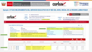 Ejemplo: 2173453 MEJORAMIENTO DEL SERVICIO EDUCATIVO EN 07 IIEE DEL NIVEL INICIAL DE LA REGION LAMBAYEQUE
 