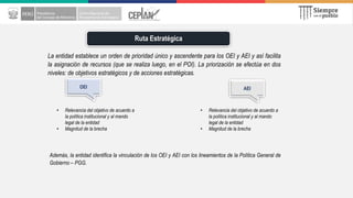 Ruta Estratégica
La entidad establece un orden de prioridad único y ascendente para los OEI y AEI y así facilita
la asignación de recursos (que se realiza luego, en el POI). La priorización se efectúa en dos
niveles: de objetivos estratégicos y de acciones estratégicas.
OEI AEI
• Relevancia del objetivo de acuerdo a
la política institucional y al mando
legal de la entidad
• Magnitud de la brecha
• Relevancia del objetivo de acuerdo a
la política institucional y al mando
legal de la entidad
• Magnitud de la brecha
Además, la entidad identifica la vinculación de los OEI y AEI con los lineamientos de la Política General de
Gobierno – PGG.
 