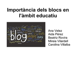 Importància dels blocs en l'àmbit educatiu Ana Velez Aida Pérez Beatriz Rovira Mireia Vilardell Carolina Villalba 