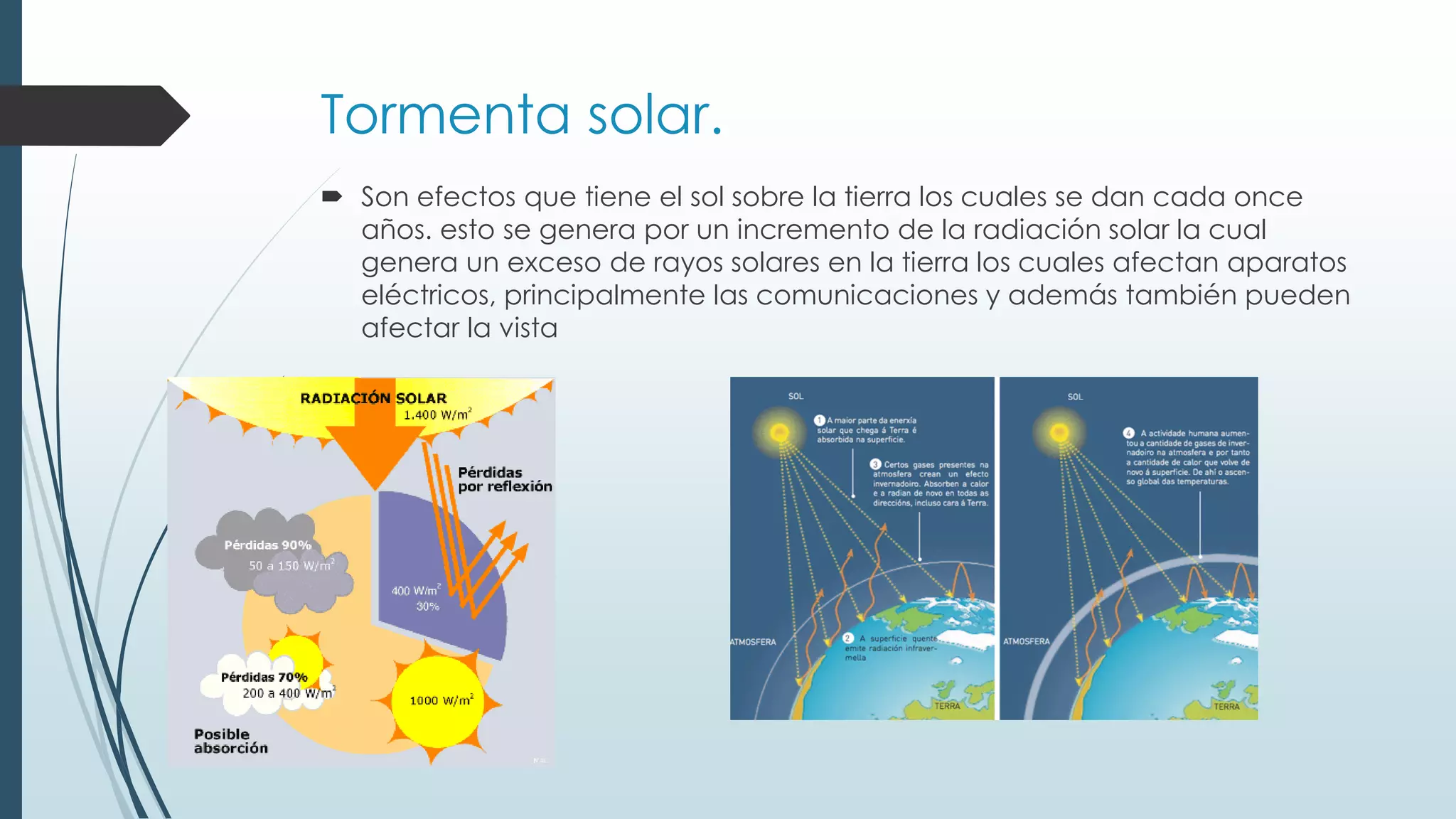 Tormenta solar.
Son efectos que tiene el sol sobre la tierra los cuales se dan cada once
años. esto se genera por un incremento de la radiación solar la cual
genera un exceso de rayos solares en la tierra los cuales afectan aparatos
eléctricos, principalmente las comunicaciones y además también pueden
afectar la vista