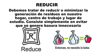 REDUCIR
Debemos tratar de reducir o minimizar la
generación de residuos en nuestro
hogar, centro de trabajo y lugar de
estudio. Consiste simplemente en evitar
que se genere basura innecesaria
 