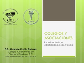 COLEGIOS Y
ASOCIACIONES
Importancia de la
colegiación en odontología
C.D. Alejandro Carrillo Cabrera.
Colegio Yucatanense de
Cirujanos Dentistas, A.C.
Presidente consejo directivo 2015-2017
 