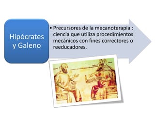 • Precursores de la mecanoterapia :
ciencia que utiliza procedimientos
mecánicos con fines correctores o
reeducadores.
Hipócrates
y Galeno
 