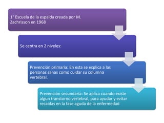 1° Escuela de la espalda creada por M.
Zachrisson en 1968
Se centra en 2 niveles:
Prevención primaria: En esta se explica a las
personas sanas como cuidar su columna
vertebral.
Prevención secundaria: Se aplica cuando existe
algun transtorno vertebral, para ayudar y evitar
recaidas en la fase aguda de la enfermedad
 