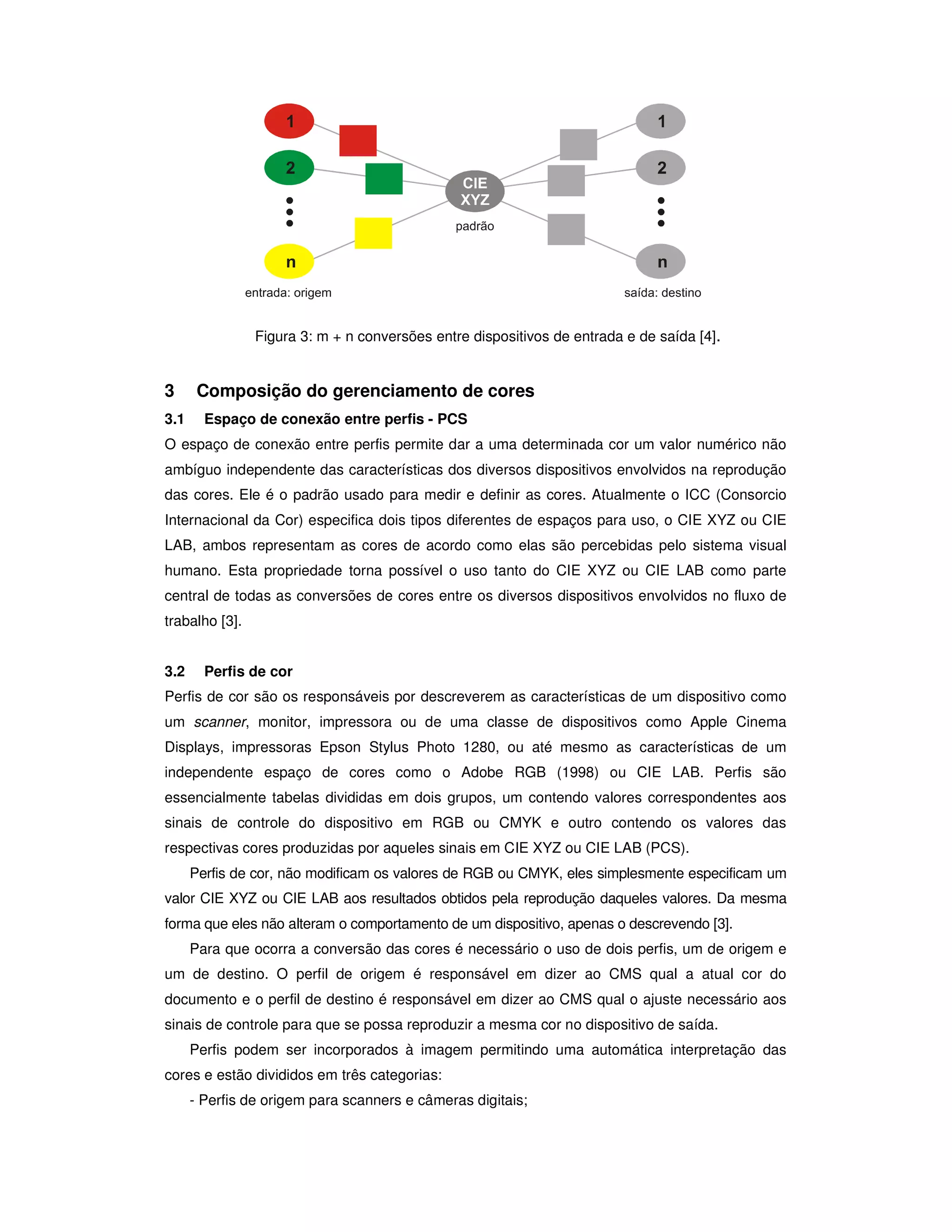 Figura 3: m + n conversões entre dispositivos de entrada e de saída [4].


3      Composição do gerenciamento de cores
3.1     Espaço de conexão entre perfis - PCS
O espaço de conexão entre perfis permite dar a uma determinada cor um valor numérico não
ambíguo independente das características dos diversos dispositivos envolvidos na reprodução
das cores. Ele é o padrão usado para medir e definir as cores. Atualmente o ICC (Consorcio
Internacional da Cor) especifica dois tipos diferentes de espaços para uso, o CIE XYZ ou CIE
LAB, ambos representam as cores de acordo como elas são percebidas pelo sistema visual
humano. Esta propriedade torna possível o uso tanto do CIE XYZ ou CIE LAB como parte
central de todas as conversões de cores entre os diversos dispositivos envolvidos no fluxo de
trabalho [3].


3.2     Perfis de cor
Perfis de cor são os responsáveis por descreverem as características de um dispositivo como
um scanner, monitor, impressora ou de uma classe de dispositivos como Apple Cinema
Displays, impressoras Epson Stylus Photo 1280, ou até mesmo as características de um
independente espaço de cores como o Adobe RGB (1998) ou CIE LAB. Perfis são
essencialmente tabelas divididas em dois grupos, um contendo valores correspondentes aos
sinais de controle do dispositivo em RGB ou CMYK e outro contendo os valores das
respectivas cores produzidas por aqueles sinais em CIE XYZ ou CIE LAB (PCS).
      Perfis de cor, não modificam os valores de RGB ou CMYK, eles simplesmente especificam um
valor CIE XYZ ou CIE LAB aos resultados obtidos pela reprodução daqueles valores. Da mesma
forma que eles não alteram o comportamento de um dispositivo, apenas o descrevendo [3].
      Para que ocorra a conversão das cores é necessário o uso de dois perfis, um de origem e
um de destino. O perfil de origem é responsável em dizer ao CMS qual a atual cor do
documento e o perfil de destino é responsável em dizer ao CMS qual o ajuste necessário aos
sinais de controle para que se possa reproduzir a mesma cor no dispositivo de saída.
      Perfis podem ser incorporados à imagem permitindo uma automática interpretação das
cores e estão divididos em três categorias:
      - Perfis de origem para scanners e câmeras digitais;
 