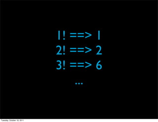 1! ==> 1
                            2! ==> 2
                            3! ==> 6
                                ...

Tuesday, October 18, 2011
 