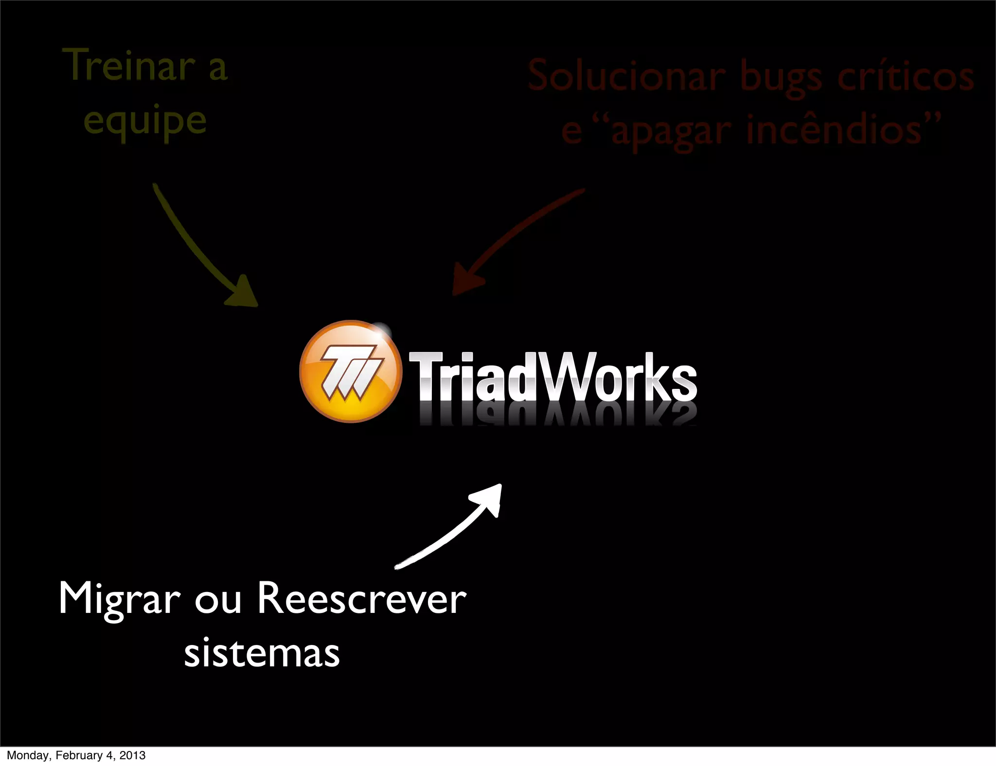 Treinar a             Solucionar bugs críticos
          equipe                e “apagar incêndios”




        Migrar ou Reescrever
              sistemas
Monday, February 4, 2013
 