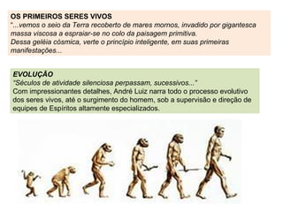 OS PRIMEIROS SERES VIVOS
“...vemos o seio da Terra recoberto de mares mornos, invadido por gigantesca
massa viscosa a espraiar-se no colo da paisagem primitiva.
Dessa geléia cósmica, verte o princípio inteligente, em suas primeiras
manifestações...


EVOLUÇÃO
“Séculos de atividade silenciosa perpassam, sucessivos...”
Com impressionantes detalhes, André Luiz narra todo o processo evolutivo
dos seres vivos, até o surgimento do homem, sob a supervisão e direção de
equipes de Espíritos altamente especializados.
 