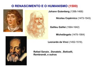 O RENASCIMENTO E O HUMANISMO (1500)
                         Johann Gutenberg (1398-1468)

                                Nicolau Copérnico (1473-1543)


                          Galileu Galilei (1564-1642)


                                Michelângelo (1475-1564)


                        Leonardo da Vinci (1452-1519).



           Rafael Sanzio , Donatelo , Boticelli,
           Rembrandt, e outros
 