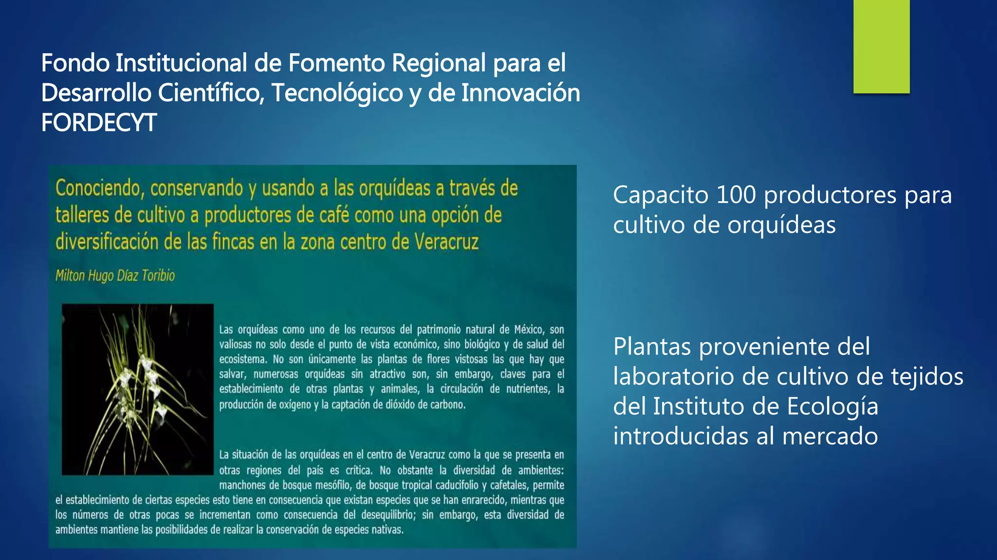 Capacito 100 productores para
cultivo de orquídeas
Plantas proveniente del
laboratorio de cultivo de tejidos
del Instituto de Ecología
introducidas al mercado
Fondo Institucional de Fomento Regional para el
Desarrollo Científico, Tecnológico y de Innovación
FORDECYT
 