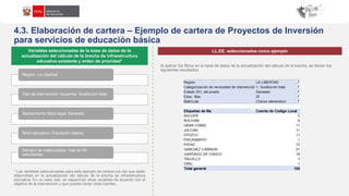 4.3. Elaboración de cartera – Ejemplo de cartera de Proyectos de Inversión
para servicios de educación básica
Variables seleccionadas de la base de datos de la
actualización del cálculo de la brecha de infraestructura
educativa existente y orden de prioridad*
LL.EE. seleccionados como ejemplo
Región: La Libertad
Tipo de intervención requerida: Sustitución total.
Saneamiento físico legal: Saneado.
Nivel educativo: Educación básica.
Número de matriculados: más de 90
estudiantes.
Al aplicar los filtros en la base de datos de la actualización del cálculo de la brecha, se tienen los
siguientes resultados:
* Las variables seleccionadas para este ejemplo de cartera son las que están
disponibles en la actualización del cálculo de la brecha de infraestructura
educativa. En un caso real, se requerirían otras variables de acuerdo con el
objetivo de la intervención y que pueden tener otras fuentes.
 