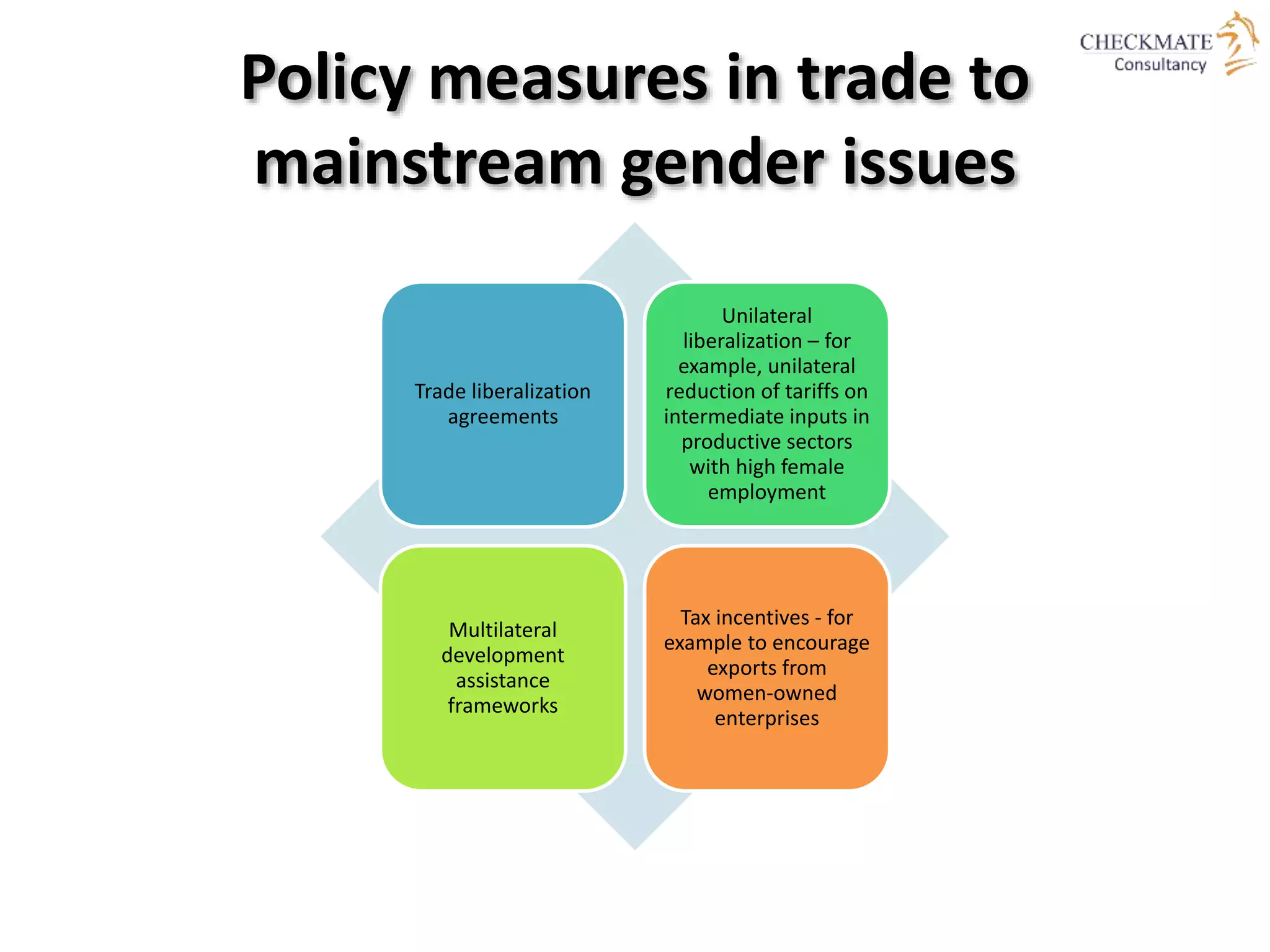 Trade liberalization
agreements
Unilateral
liberalization – for
example, unilateral
reduction of tariffs on
intermediate inputs in
productive sectors
with high female
employment
Multilateral
development
assistance
frameworks
Tax incentives ‐ for
example to encourage
exports from
women‐owned
enterprises
Policy measures in trade to
mainstream gender issues
 