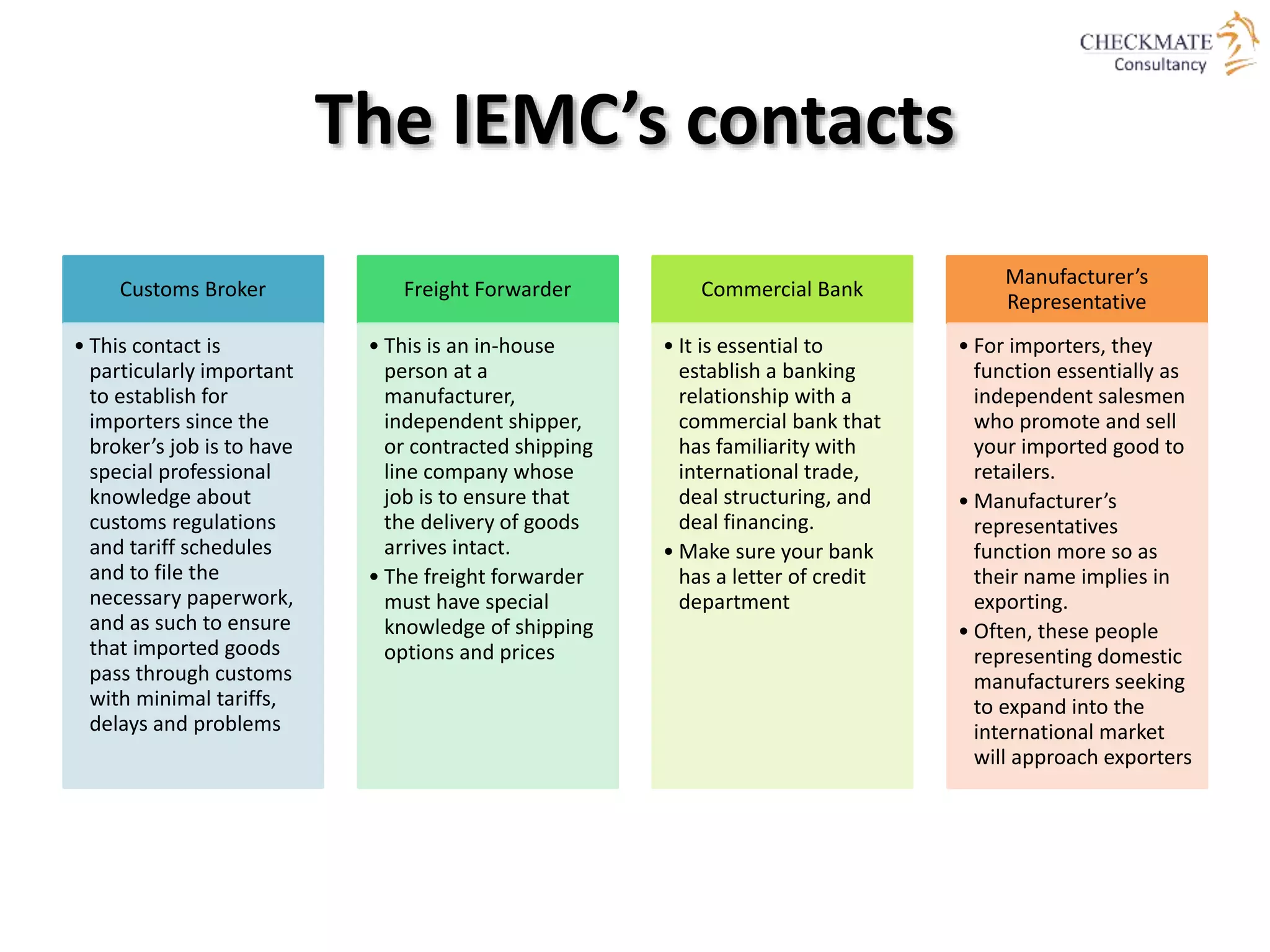 The IEMC’s contacts
Customs Broker
• This contact is
particularly important
to establish for
importers since the
broker’s job is to have
special professional
knowledge about
customs regulations
and tariff schedules
and to file the
necessary paperwork,
and as such to ensure
that imported goods
pass through customs
with minimal tariffs,
delays and problems
Freight Forwarder
• This is an in-house
person at a
manufacturer,
independent shipper,
or contracted shipping
line company whose
job is to ensure that
the delivery of goods
arrives intact.
• The freight forwarder
must have special
knowledge of shipping
options and prices
Commercial Bank
• It is essential to
establish a banking
relationship with a
commercial bank that
has familiarity with
international trade,
deal structuring, and
deal financing.
• Make sure your bank
has a letter of credit
department
Manufacturer’s
Representative
• For importers, they
function essentially as
independent salesmen
who promote and sell
your imported good to
retailers.
• Manufacturer’s
representatives
function more so as
their name implies in
exporting.
• Often, these people
representing domestic
manufacturers seeking
to expand into the
international market
will approach exporters
 