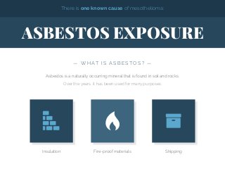 There is one known cause of mesothelioma:
ASBESTOS EXPOSURE
— W H AT I S A S B E S TO S ? —
Asbestos is a naturally occurring mineral that is found in soil and rocks.
Over the years, it has been used for many purposes:
Insulation Fire-proof materials Shipping

 