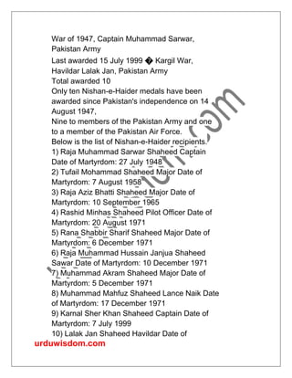 urduwisdom.com
War of 1947, Captain Muhammad Sarwar,
Pakistan Army
Last awarded 15 July 1999 � Kargil War,
Havildar Lalak Jan, Pakistan Army
Total awarded 10
Only ten Nishan-e-Haider medals have been
awarded since Pakistan's independence on 14
August 1947,
Nine to members of the Pakistan Army and one
to a member of the Pakistan Air Force.
Below is the list of Nishan-e-Haider recipients.
1) Raja Muhammad Sarwar Shaheed Captain
Date of Martyrdom: 27 July 1948
2) Tufail Mohammad Shaheed Major Date of
Martyrdom: 7 August 1958
3) Raja Aziz Bhatti Shaheed Major Date of
Martyrdom: 10 September 1965
4) Rashid Minhas Shaheed Pilot Officer Date of
Martyrdom: 20 August 1971
5) Rana Shabbir Sharif Shaheed Major Date of
Martyrdom: 6 December 1971
6) Raja Muhammad Hussain Janjua Shaheed
Sawar Date of Martyrdom: 10 December 1971
7) Muhammad Akram Shaheed Major Date of
Martyrdom: 5 December 1971
8) Muhammad Mahfuz Shaheed Lance Naik Date
of Martyrdom: 17 December 1971
9) Karnal Sher Khan Shaheed Captain Date of
Martyrdom: 7 July 1999
10) Lalak Jan Shaheed Havildar Date of
 