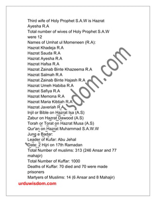 urduwisdom.com
Third wife of Holy Prophet S.A.W is Hazrat
Ayesha R.A
Total number of wives of Holy Prophet S.A.W
were 12
Names of Umhat ul Momeneen (R.A):
Hazrat Khadeja R.A
Hazrat Sauda R.A
Hazrat Ayesha R.A
Hazrat Hafsa R.A
Hazrat Zainab Binte Khazeema R.A
Hazrat Salmah R.A
Hazrat Zainab Binte Hajash R.A
Hazrat Umeh Habiba R.A
Hazrat Safiya R.A
Hazrat Memona R.A
Hazrat Maria Kibtiah R.A
Hazrat Javeriah R.A
Injil or Bible on Hazrat Isa (A.S)
Zabur on Hazrat Dawood (A.S)
Torah or Torat on Hazrat Musa (A.S)
Qur'an on Hazrat Muhammad S.A.W.W
Jung e Badar:
Leader of Kufar: Abu Jehal
Date: 2 Hijri on 17th Ramadan
Total Number of muslims: 313 (246 Ansar and 77
mahajir)
Total Number of Kuffar: 1000
Deaths of Kuffar: 70 died and 70 were made
prisoners
Martyers of Muslims: 14 (6 Ansar and 8 Mahajir)
 