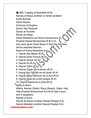 urduwisdom.com
� 680, Tragedy of Karballah.61hij
Names of Kutub al-Sittah or Sihah al-Sittah:
Sahih Bukhari
Sahih Muslim
Al-Sunan Al-Sughra
Sunan Abu Dawood
Sunan al-Tirmidhi
Sunan ibn Maja
Ashra Mubashra are those Companions of
Prophet Hazrat Muhammad (P.B.U.H),
who were given Good News in their life that they
will be awarded Heaven.
Name of Ashra Mubashra are
1. Hazrat Abu Bakar (R.A)
2. Hazrat Umer Farooq (R.A)
3. Hazrat Usman (R.A)
4. Hazrat Ali (R.A)
5. Hazrat Talha (R.A)
6. Hazrat Zubair ibn-e-Awam (R.A)
7. hazrat Abu Obaida ibn-al-Jarah (R.A)
8. Hazrat Abdul Rehman ibn-e-Auf (R.A)
9. Hazrat Saad ibn-e-Abi Waqas (R.A)
10. Hazrat Saeed ibn-e-Zaid (R.A)
Arkan-e-Islam:
Kalma, Namaz (Salat), Roza (Sawm), Zakat, Hajj
Holy Prophet Muhammad S.A.W.W had 3 sons
and 4 daughters
Names of sons:
Hazrat Al-Qasim (mother Hazrat Khadija R.A)
Hazrat Abdullah (mother Hazrat Khadija R.A)
 