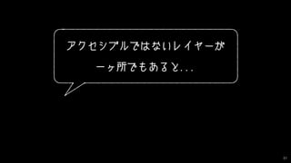利用者のリテラシー
支援技術
CSS
コンテンツ
JavaScript
HTML
UA
OS
ハードウェア
31
それぞれのレイヤーでアクセシビリティ的なケアが必要な分野
• 利用者のリテラシー
• 支援技術
• CSS
• コンテンツ
（テキスト／画像／音声／映像）
• HTML
• JavaScript等プログラム
• ユーザーエージェント
• OS
• ハードウェア
教育／啓蒙 etc.
スクリーンリーダー／ズーム／翻訳 etc.
UIデザイン／コントラスト／表示順序／背景画像 etc.
コントラスト／代替コンテンツ／表現 etc.
文書構造／要素の意味／フォームコントロール etc.
キーボード操作／フォーカス制御／DOM追加位置 etc.
UIデザイン／代替コンテンツへのアクセス／
スタイル（色／サイズ／速度 etc.）変更／
文書構造とmeta情報／API etc.
UIデザイン／多言語対応／音声認識／
ソフトウェアキーボード／マウスキー etc.
入出力デバイス（キーボード／タッチスクリーン／
マウス／マイク／点字ディスプレイ／スピーカー etc.）
 
