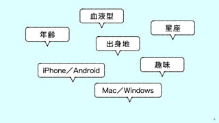9
星座
年齢
血液型
出身地
趣味
iPhone／Android
Mac／Windows
 