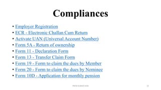 Compliances
• Employer Registration
• ECR - Electronic Challan Cum Return
• Activate UAN (Universal Account Number)
• Form 5A - Return of ownership
• Form 11 - Declaration Form
• Form 13 - Transfer Claim Form
• Form 19 - Form to claim the dues by Member
• Form 20 - Form to claim the dues by Nominee
• Form 10D - Application for monthly pension
PREM KUMAR SONI 23
 