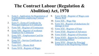 The Contract Labour (Regulation &
Abolition) Act, 1970
1. Form I - Application for Registration of
Establishments employing Contract
Labour
2. Form V - Form of Certificate by
Principal Employer to Contractor
3. Form XII - Register of Contractors
4. Form XIII - Register of workmen
Employer by Contractor
5. Form XIV - Employment Card for
Employee
6. Form XV - Service Certificate to
Employee
7. Form XVI - Muster Roll
8. Form XVII - Register of Wages
9. Form XVIII - Register of Wages cum
Muster Roll
10. Form XIX - Wage Slip
11. Form XX - Register of deductions for
damage or loss
12. Form XXI - Register of Fines
13. Form XXII - Register of Advances
14. Form XXIII - Register of Overtime
15. Form XXIV - Return by Contractor to
the Licensing Officer
16. Form XXV - Return by Principal
Employer to the Registering Officer
PREM KUMAR SONI 6
 