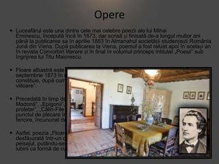 Opere
 Luceafărul este una dintre cele mai celebre poezii ale lui Mihai
Eminescu, începută încă în 1873, dar scrisă și finisată de-a lungul multor ani
până la publicarea sa în aprilie 1883 în Almanahul societății studențești România
Jună din Viena. După publicarea la Viena, poemul a fost reluat apoi în același an
în revista Convorbiri literare și în final în volumul princeps intitulat „Poesii” sub
îngrijirea lui Titu Maiorescu.
 Floare albastră este o poezie scrisă de Mihai Eminescu și publicată la 1
septembrie 1873 în revista Convorbiri literare. Poezia Floare albastră
constituie, după cum spunea Vladimir Streinu „primul mare semn al operei
viitoare”.
 Precedată în timp de unele mari creații cum sunt „Venere și
Madonă”, „Epigonii”, „Mortua est” și „Egipetul”, urmată de „Împărat și
proletar”, „Călin-File din poveste” sau „Strigoii”, poezia „Floare albastră” își are
punctul de plecare în mitul romantic al aspirației către un ideal înalt, de
fericire, încununat de o iubire pură, desăvârșită.
 Astfel, poezia „Floare albastră” este o meditație pe tema iubirii, o idilă
desfășurată într-un cadru feeric, în care visul romantic prefigurează
peisajul, putându-se confunda cu natura, dar și o eglogă pe tema fericirii și a
iubirii ca formă de cunoaștere.

 