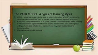 .
The VARK MODEL: 4 types of learning styles
1. VISUAL – visual learners are better able to retain information when it’s presented to
them in a graphic depiction such as arrows, charts, diagrams, symbols, and more.
2. AUDITORY- sometimes referred to as “Aural” learners, auditory learners prefer listening
to information that is presented to them vocally. These learners work well in group
settings where vocal collaboration is present and may enjoy reading aloud to
themselves, too.
3. READING AND WRITING- focusing
 