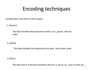 Encoding techniques
Usually Data in the form of three types :-
1. Nominal
2. Ordinal
3. Binary
The Data Variable that repr...