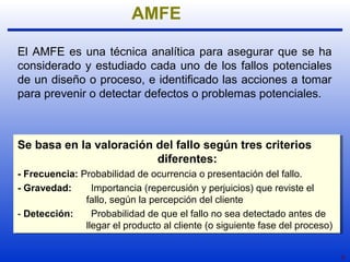 8 
AMFE 
El AMFE es una técnica analítica para asegurar que se ha 
considerado y estudiado cada uno de los fallos potenciales 
de un diseño o proceso, e identificado las acciones a tomar 
para prevenir o detectar defectos o problemas potenciales. 
Se basa en la valoración del fallo según tres criterios 
Se basa en la valoración del fallo según tres criterios 
diferentes: 
diferentes: 
- Frecuencia: Probabilidad de ocurrencia o presentación del fallo. 
- Gravedad: Importancia (repercusión y perjuicios) que reviste el 
- Frecuencia: Probabilidad de ocurrencia o presentación del fallo. 
- Gravedad: Importancia (repercusión y perjuicios) que reviste el 
fallo, según la percepción del cliente 
fallo, según la percepción del cliente 
- Detección: Probabilidad de que el fallo no sea detectado antes de 
- Detección: Probabilidad de que el fallo no sea detectado antes de 
llegar el producto al cliente (o siguiente fase del proceso) 
llegar el producto al cliente (o siguiente fase del proceso) 
 