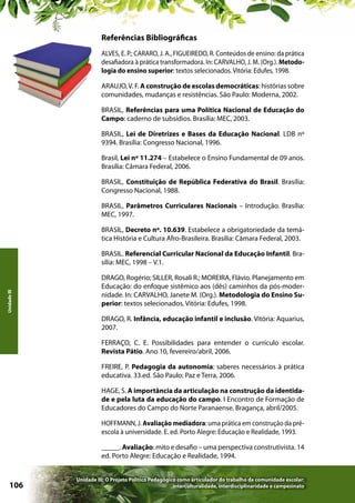 Referências Bibliográficas
ALVES, E. P.; CARARO, J. A., FIGUEIREDO, R. Conteúdos de ensino: da prática
desafiadora à prática transformadora. In: CARVALHO, J. M. (Org.). Metodologia do ensino superior: textos selecionados. Vitória: Edufes, 1998.
ARAUJO, V. F. A construção de escolas democráticas: histórias sobre
comunidades, mudanças e resistências. São Paulo: Moderna, 2002.
BRASIL, Referências para uma Política Nacional de Educação do
Campo: caderno de subsídios. Brasília: MEC, 2003.
BRASIL, Lei de Diretrizes e Bases da Educação Nacional. LDB nº
9394. Brasília: Congresso Nacional, 1996.
Brasil, Lei nº 11.274 – Estabelece o Ensino Fundamental de 09 anos.
Brasília: Câmara Federal, 2006.
BRASIL, Constituição de República Federativa do Brasil. Brasília:
Congresso Nacional, 1988.
BRASIL, Parâmetros Curriculares Nacionais – Introdução. Brasília:
MEC, 1997.
BRASIL, Decreto nº. 10.639. Estabelece a obrigatoriedade da temática História e Cultura Afro-Brasileira. Brasília: Câmara Federal, 2003.

Unidade III

BRASIL. Referencial Curricular Nacional da Educação Infantil. Brasília: MEC, 1998 – V.1.
DRAGO, Rogério; SILLER, Rosali R.; MOREIRA, Flávio. Planejamento em
Educação: do enfoque sistêmico aos (dês) caminhos da pós-modernidade. In: CARVALHO, Janete M. (Org.). Metodologia do Ensino Superior: textos selecionados. Vitória: Edufes, 1998.
DRAGO, R. Infância, educação infantil e inclusão. Vitória: Aquarius,
2007.
FERRAÇO, C. E. Possibilidades para entender o currículo escolar.
Revista Pátio. Ano 10, fevereiro/abril, 2006.
FREIRE, P. Pedagogia da autonomia: saberes necessários à prática
educativa. 33.ed. São Paulo: Paz e Terra, 2006.
HAGE, S. A importância da articulação na construção da identidade e pela luta da educação do campo. I Encontro de Formação de
Educadores do Campo do Norte Paranaense. Bragança, abril/2005.
HOFFMANN, J. Avaliação mediadora: uma prática em construção da préescola à universidade. E. ed. Porto Alegre: Educação e Realidade, 1993.
_____. Avaliação: mito e desafio – uma perspectiva construtivista. 14
ed. Porto Alegre: Educação e Realidade, 1994.

106

Unidade III: O Projeto Político Pedagógico como articulador do trabalho da comunidade escolar:
interculturalidade, interdisciplinaridade e campesinato

 