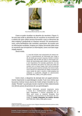 Unidade I
Figura 1: Sinapse
Fonte: Revista Nova Escola (Jan./ Fev. 2005).

Como se pode visualizar no desenho do neurônio ( Figura 1),
há uma área onde os dendritos de um neurônio se encontram com
o axônio de outra célula nervosa formando o que se denomina de
área sináptica,6 produzindo os impulsos nervosos. Os neurotransmissores, como facilitadores das conexões, promovem, de acordo com
as informações recebidas, sinapses em cadeia, formando redes entre
os neurônios que armazenam as informações, como num bem organizado arquivo.
Desse modo,
[...] uma das funções mais importantes do sistema nervoso é o processamento da informação que chega a
ele, de modo que ocorram respostas mentais e motoras
apropriadas. Mais de 99% de todas as informações sensoriais são descartadas pelo cérebro como irrelevantes
e sem importância. Por exemplo, geralmente, nós não
temos consciência das partes do corpo que estão em
contato com as nossas roupas, bem como da pressão
do assento quanto estamos sentados. Do mesmo modo,
nossa atenção só é despertada por objeto ocasional em
nosso campo de visão, e mesmo o ruído perpétuo do
ambiente é, usualmente, relegado ao subconsciente
(GUYTON; HALL, 2002, p. 479, grifos nossos).

Como viram, o despertar da atenção tem um papel extremamente importante na aprendizagem escolar. É por esse motivo que
buscamos motivar nossos alunos de modo sempre inovador ou inusitado. “Prender” sua atenção inicial e mantê-la é fator determinante
nos demais passos do processo de sua aprendizagem.
Quando informação sensorial importante excita
a mente, ela é imediatamente canalizada para regiões integradoras e motoras apropriadas do cérebro, para causar as respostas desejadas. Essa
canalização e processamento da informação são chamados de função integradora do sistema nervoso
(GUYTON; HALL, 2002, p. 480, grifos nossos).

6 Não há contato físico entre um neurônio e outro. A ligação é efetuada por elementos químicos (sódio,
potássio, cálcio), os neurotransmissores.

Unidade I: Projeto Pedagógico e sua Articulação com o Processo de Ensino e
de Aprendizagem Integrado à Comunidade: Parcerias Possíveis

19

 