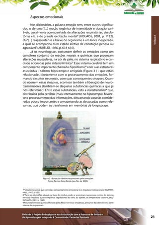 Nos dicionários, a palavra emoção tem, entre outros significados, o de uma “[...] reação orgânica de intensidade e duração variáveis, geralmente acompanhada de alterações respiratórias, circulatórias etc. e de grande excitação mental” (HOUAISS, 2001, p. 1122).
Ou “[...] reação intensa e breve do organismo a um lance inesperado,
a qual se acompanha dum estado afetivo de conotação penosa ou
agradável” (AURÉLIO, 1986, p. 634-635).
Já os neurologistas costumam definir as emoções como um
complexo conjunto de reações neurais e químicas que provocam
alterações musculares, na cor da pele, no sistema respiratório e cardíaco acionadas pelo sistema límbico.7 Esse sistema cerebral tem um
componente importante chamado hipotálamo,8 com suas estruturas
associadas – tálamo, hipocampo e amígdala (Figura 3 ) – que estão
relacionadas diretamente com o processamento das emoções, formando circuitos neuronais, com suas consequentes sinapses. Quando ocorrem essas sinapses, acontece também a liberação de neurotransmissores (lembram-se daquelas substâncias químicas a que já
nos referimos?). Entre essas substâncias, está a noradrenalina9 que,
distribuída pelo cérebro (mais intensamente no hipocampo), favorece o processamento das informações, descartando aquelas consideradas pouco importantes e armazenando as destacadas como relevantes, que podem se transformar em memórias de longo prazo.

Unidade I

Aspectos emocionais

Figura 3 – Partes do cérebro responsáveis pelas emoções
Fonte: Revista Nova Escola (jan./fev. de 2005).

7 “Circuito neuronal que controla o comportamento emocional e os impulsos motivacionais” (GUYTON;
HALL, 2002, p. 635).
8 “Parte do diencéfalo situada na base do cérebro, onde se encontram numerosos centros do sistema
nervoso simpático e parassimpático (reguladores do sono, do apetite, da temperatura corporal, etc.)”
(HOUAISS, 2001, p. 1540).
9 Neurotransmissor químico liberado pelas fibras nervosas simpáticas, precursor da adrenalina na parte
interna das suprarenais.

Unidade I: Projeto Pedagógico e sua Articulação com o Processo de Ensino e
de Aprendizagem Integrado à Comunidade: Parcerias Possíveis

21

 