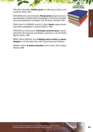 VASCONCELLOS, Celso dos Santos. Planejamento: projeto de ensinoaprendizagem e projeto político-pedagógico: elementos metodológicos para elaboração e realização. 5.ed. São Paulo: Liberdad, 1999.
VEIGA, Ilma P. A.; RESENDE, Lucia M. G. (Org.). Escola: espaço do projeto político-pedagógico. Campinas: Papirus, 1998.

Unidade I

TOSI, Maria Raineldes. Didática geral: um olhar para o futuro. 2.ed.
Campinas: Alínea, 2001.

VYGOTSKY, Lev Semenovich. A formação social da mente: o desenvolvimento dos processos psicológicos superiores. 6. ed. São Paulo:
Martins Fontes, 1988.
WEISZ, Telma; SANCHES, Ana. O diálogo entre o ensino e a aprendizagem. 2. ed. São Paulo: Ática, 2001. (Série Palavra de Professor).
ZABALA, Antoni. A prática educativa: como ensinar. Porto Alegre:
Artmed, 1998.

Unidade I: Projeto Pedagógico e sua Articulação com o Processo de Ensino e
de Aprendizagem Integrado à Comunidade: Parcerias Possíveis

41

 