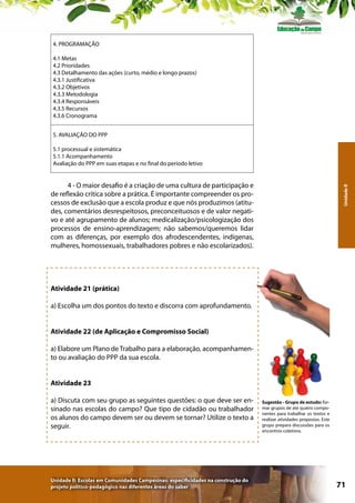 4. PROGRAMAÇÃO
4.1 Metas
4.2 Prioridades
4.3 Detalhamento das ações (curto, médio e longo prazos)
4.3.1 Justificativa
4.3.2 Objetivos
4.3.3 Metodologia
4.3.4 Responsáveis
4.3.5 Recursos
4.3.6 Cronograma
5. AVALIAÇÃO DO PPP
5.1 processual e sistemática
5.1.1 Acompanhamento
Avaliação do PPP em suas etapas e no final do período letivo

Unidade II

4 - O maior desafio é a criação de uma cultura de participação e
de reflexão crítica sobre a prática. É importante compreender os processos de exclusão que a escola produz e que nós produzimos (atitudes, comentários desrespeitosos, preconceituosos e de valor negativo e até agrupamento de alunos; medicalização/psicologização dos
processos de ensino-aprendizagem; não sabemos/queremos lidar
com as diferenças, por exemplo dos afrodescendentes, indígenas,
mulheres, homossexuais, trabalhadores pobres e não escolarizados).

Atividade 21 (prática)
a) Escolha um dos pontos do texto e discorra com aprofundamento.
Atividade 22 (de Aplicação e Compromisso Social)
a) Elabore um Plano de Trabalho para a elaboração, acompanhamento ou avaliação do PPP da sua escola.
Atividade 23
a) Discuta com seu grupo as seguintes questões: o que deve ser ensinado nas escolas do campo? Que tipo de cidadão ou trabalhador
os alunos do campo devem ser ou devem se tornar? Utilize o texto a
seguir.

Unidade II: Escolas em Comunidades Campesinas: especificidades na construção do
projeto político-pedagógico nas diferentes áreas do saber

Sugestão - Grupo de estudo: formar grupos de até quatro componentes para trabalhar os textos e
realizar atividades propostas. Este
grupo prepara discussões para os
encontros coletivos.

71

 
