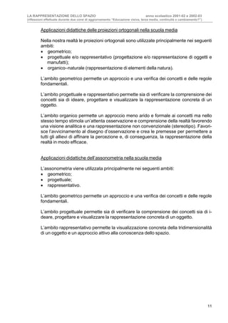 LA RAPPRESENTAZIONE DELLO SPAZIO anno scolastico 2001-02 e 2002-03
(riflessioni effettuate durante due corsi di aggiornamento “Educazione visiva, terza media, continuità o cambiamento?”)
11
Applicazioni didattiche delle proiezioni ortogonali nella scuola media
Nella nostra realtà le proiezioni ortogonali sono utilizzate principalmente nei seguenti
ambiti:
• geometrico;
• progettuale e/o rappresentativo (progettazione e/o rappresentazione di oggetti e
manufatti);
• organico–naturale (rappresentazione di elementi della natura).
L’ambito geometrico permette un approccio e una verifica dei concetti e delle regole
fondamentali.
L’ambito progettuale e rappresentativo permette sia di verificare la comprensione dei
concetti sia di ideare, progettare e visualizzare la rappresentazione concreta di un
oggetto.
L’ambito organico permette un approccio meno arido e formale ai concetti ma nello
stesso tempo stimola un’attenta osservazione e comprensione della realtà favorendo
una visione analitica e una rappresentazione non convenzionale (stereotipo). Favori-
sce l’avvicinamento al disegno d’osservazione e crea le premesse per permettere a
tutti gli allievi di affinare la percezione e, di conseguenza, la rappresentazione della
realtà in modo efficace.
Applicazioni didattiche dell’assonometria nella scuola media
L’assonometria viene utilizzata principalmente nei seguenti ambiti:
• geometrico;
• progettuale;
• rappresentativo.
L’ambito geometrico permette un approccio e una verifica dei concetti e delle regole
fondamentali.
L’ambito progettuale permette sia di verificare la comprensione dei concetti sia di i-
deare, progettare e visualizzare la rappresentazione concreta di un oggetto.
L’ambito rappresentativo permette la visualizzazione concreta della tridimensionalità
di un oggetto e un approccio attivo alla conoscenza dello spazio.
 